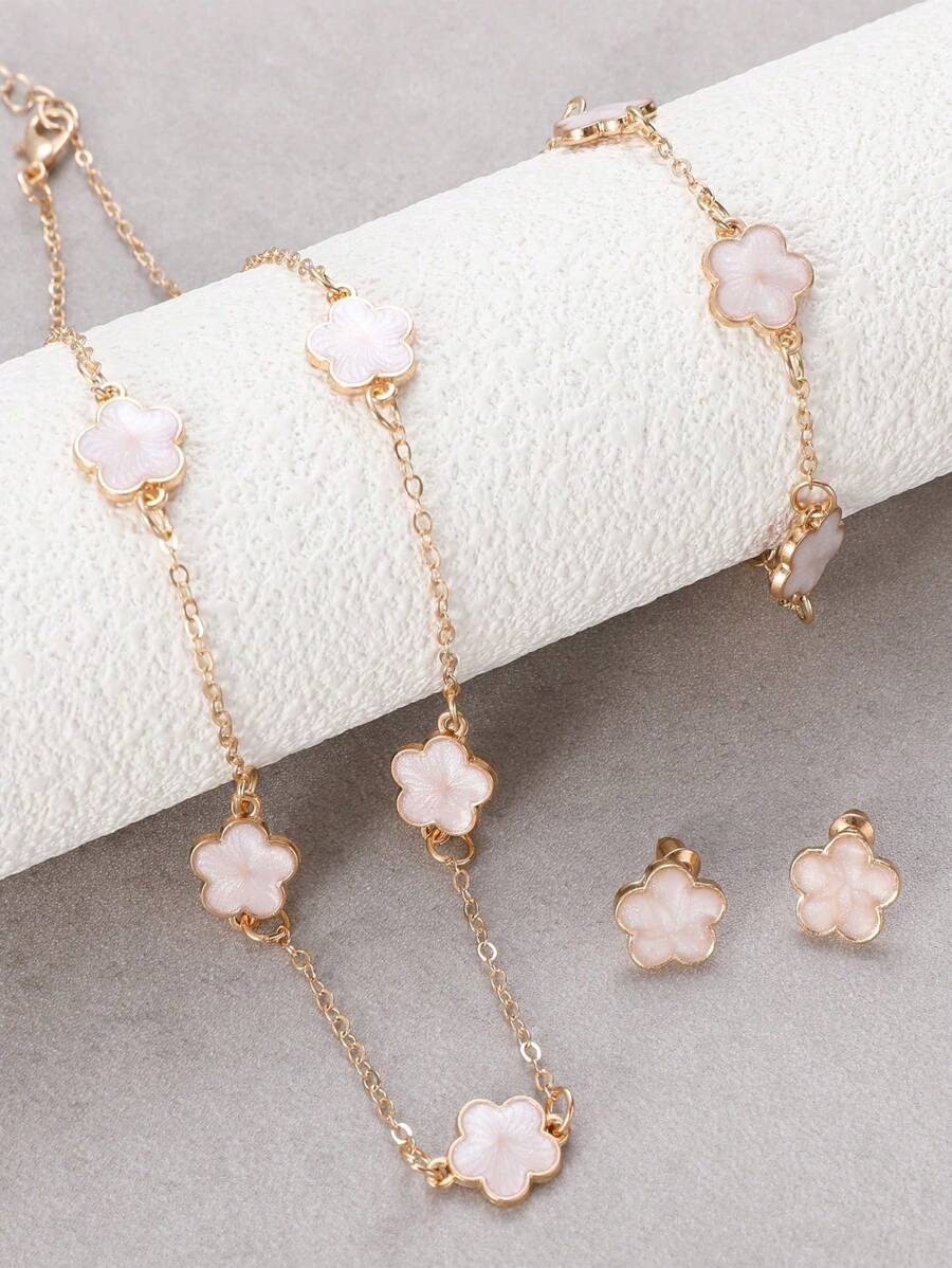 4件套时尚四叶草吊坠项链、手链和耳环套装，母亲节和节日的完美礼物 - 女士时尚首饰套装 - 白色 - 查看 1