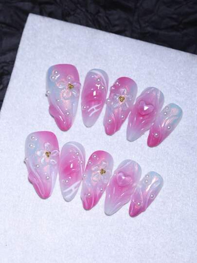 渐变婴儿粉3D水波纹花卉图案100%纯手工制作按压式美甲贴片，饰以珍珠和金珠，美甲装饰，10片杏仁形假指甲贴片，可重复使用，四季皆宜，快速美甲。