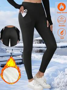 1 pieza Leggings térmicos de cintura alta para mujer en invierno, con bolsillos, lavables a máquina, de tela de punto