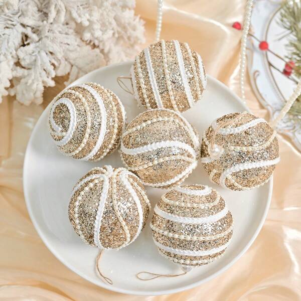 3pcs 8cm Champagne Glitter Spiral Patterned Foam Christmas Balls, Modern Luxury Ornaments For Christmas Tree Decoration