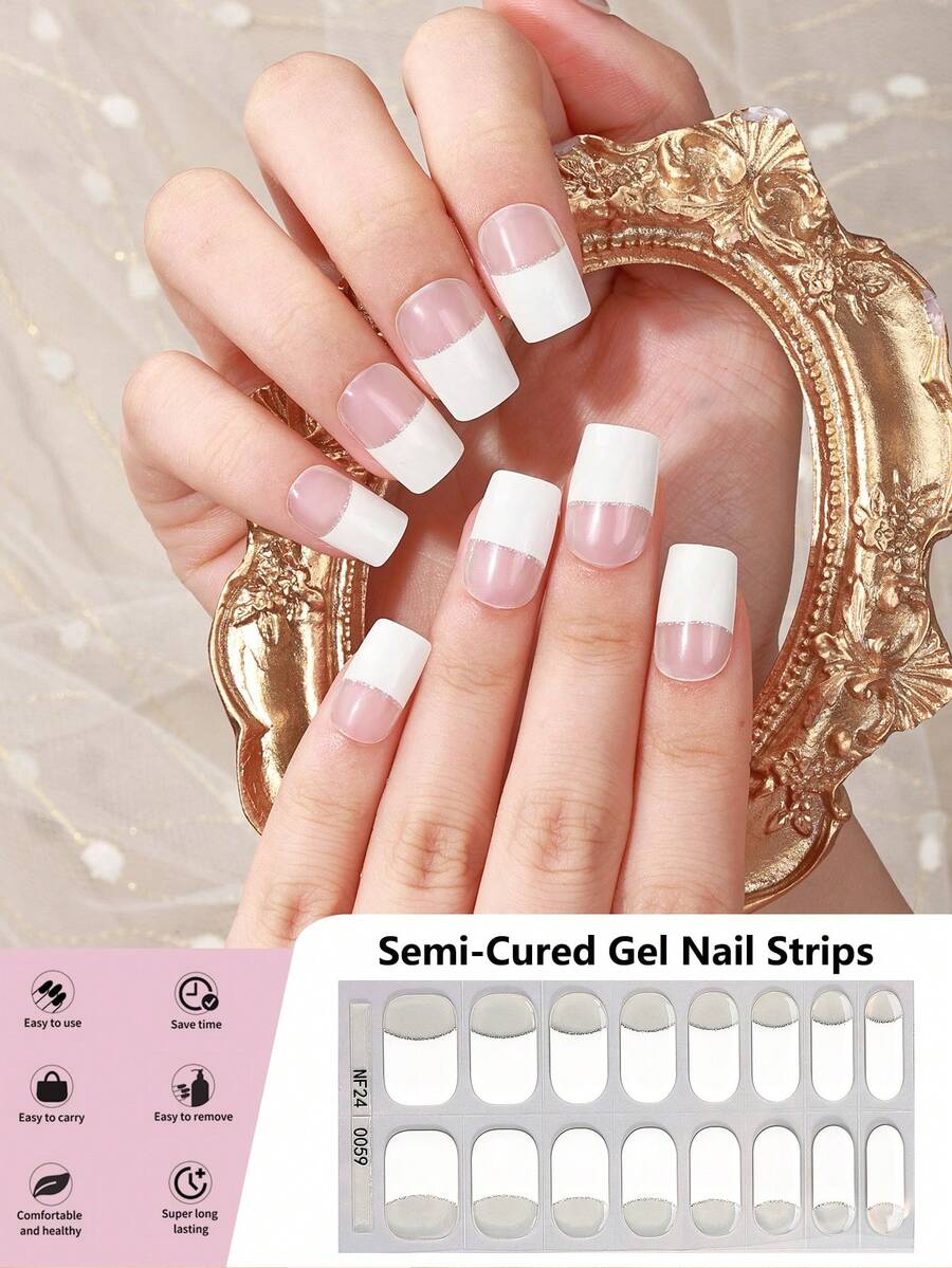 16 Stücke halb-aushärtende Gel-Nagelfolien (Mehrfarbig), weiß/fluoreszierendes rosa halb-transparente französische Kristall-Nagel-Sticker, selbstklebende Full-Wrap Nail Art, UV-Lampe erforderlich, einfach anzuwenden und zu entfernen, geeignet für Frauen und Mädchen für täglichen Gebrauch, Partys, DIY Nail Art