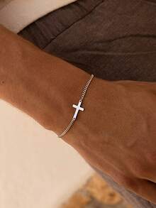 Men's 304 Stainless Steel Cross Bracelet - Minimalist Religious Jewelry For Everyday & Special Occasions, Christian Gift For Christmas, Father's Day, Valentine's Day - Durable Faith-Based Accessory, Spiritual Jewelry, Simple Chain Design, Polished Finish