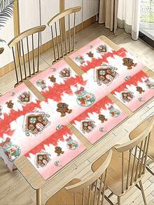 1/5/7/60pcs Pink Series Christmas Placemat/Table Runner Set, Gingerbread Man, Wish Bottle, House Pattern Table Runner, Winter Kitchen Table Decoration, Suitable For Family Gatherings, Holiday Gatherings, Kitchen Dining Rooms, Table Decoration.