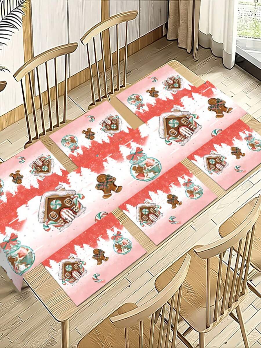 1/5/7/60pcs Pink Series Christmas Placemat/Table Runner Set, Gingerbread Man, Wish Bottle, House Pattern Table Runner, Winter Kitchen Table Decoration, Suitable For Family Gatherings, Holiday Gatherings, Kitchen Dining Rooms, Table Decoration.