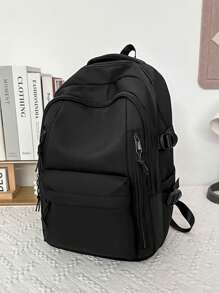 时尚女士背包，多隔层口袋设计，加厚耐用，学生背包，多功能背包，休闲背包，大容量旅行背包 - 黑色 - 查看 3