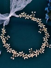 1pc Sparkling Rhinestone Leaf Bridal Headband, Suitable For Wedding Party Valentine's Day Accessories - Gold - View 3