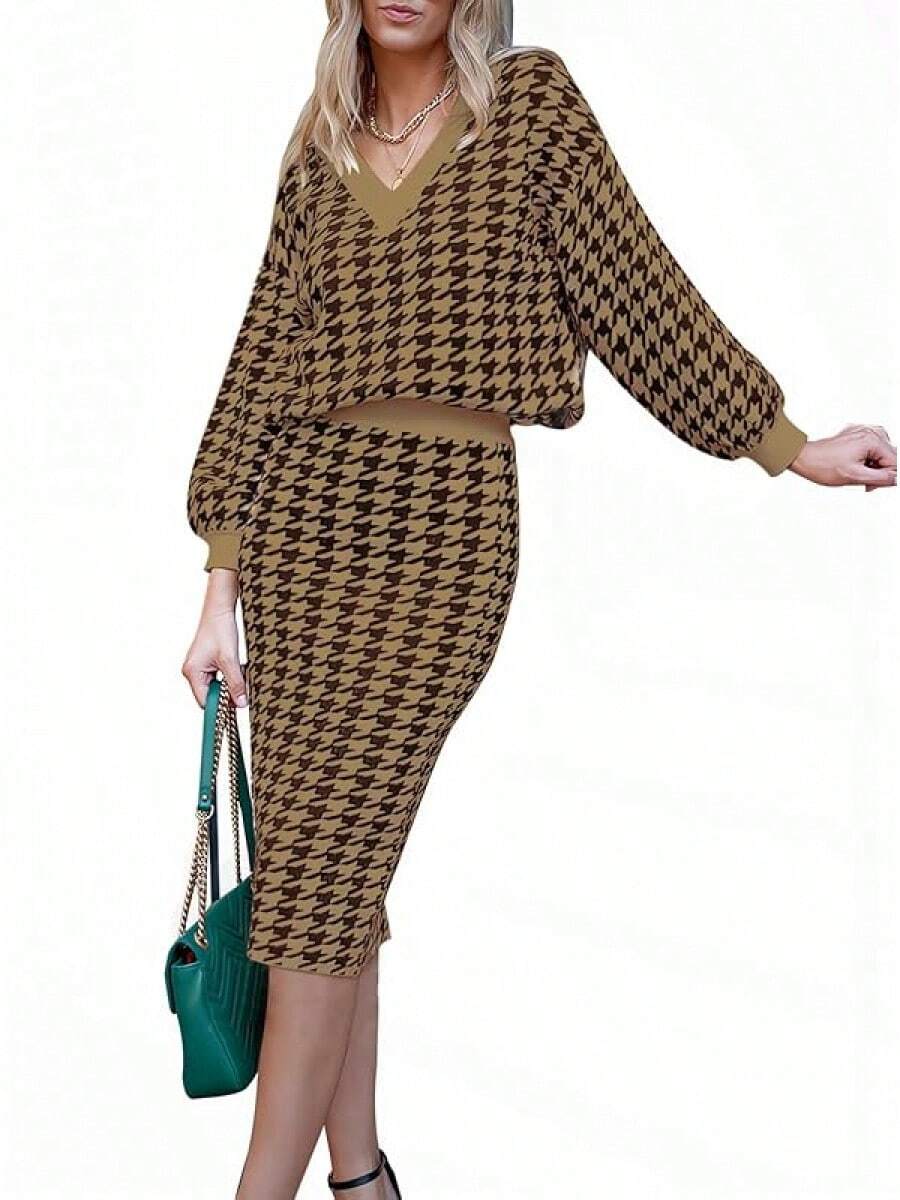 HUUSA Women 2 Piece Sweater Midi Pencil Skirt Set Fall Winter Split Dress Batwing Long Sleeve Oversized Top Casual Outfithalloween - 棕色千鳥格 - 查看 1