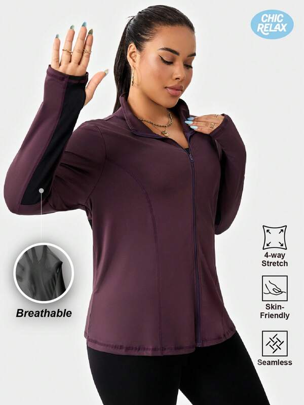 Plus Size Outdoor Sports Casual Yoga Contrast Color Thumb Hole Zipper Long Sleeve Jacket