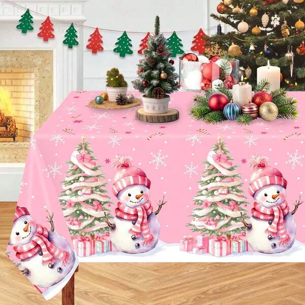 137*220cm Weihnachts-Tischdecke, rosa Schneemann & Weihnachtsbaum Muster, Plastik Tischdecke, fröhliche Weihnachten Heimdekoration, Weihnachts-Esszimmer Tischdekoration, Neujahrsgeschenk, Weihnachtsdekoration, Weihnachtsparty & Familien-Zusammenkunft Tischdekoration