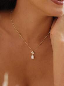 Tiny Handmade Freshwater Pearl Necklace, Double Layer Pearl Necklace, Gold Pearl Drop Necklace, Minimalist Necklace, Wedding Jewelry, Perfect Bridal Necklace Bridesmaid Gift, Christmas Gift For Her Daily Necklace - Pearl and  Flower Necklace - View 5