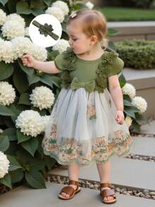 Baby Girls Rompers Round Neck Embroidery Jumpsuits With Headband