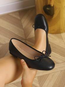 European & American Fashion Ballet Flats, Black Bow Decor Comfortable Soft Bottom Flat Shoes For Women