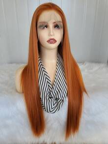 Parrucca frontale in pizzo elegante da 24 pollici di colore arancione sporco, parrucca frontale in pizzo sintetico con attaccatura dei capelli pre-sfoltita, fibra di capelli resistente al calore, parrucca liscia e setosa per donne, cosplay, feste, uso quotidiano - Multicolore - Visualizzare 5