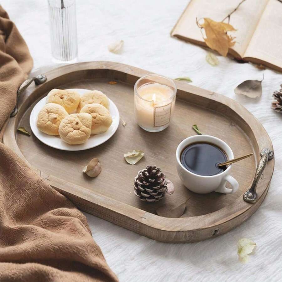 1个实木糕点托盘，带把手的木制茶盘，家居装饰圆形托盘，适用于客厅装饰、咖啡桌装饰、餐桌装饰或农舍风格餐桌。