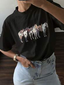 Horse Print Short-Sleeve Round Neck T-Shirt Unisex Short Sleeve Graphic Tee Casual Crewneck T-Shirt - Black - View 1