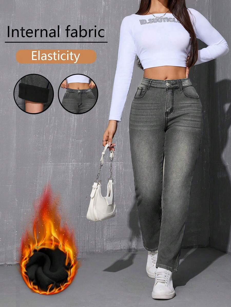Winter Warm Thermal Lined Straight Leg Jeans - Grey - View 1