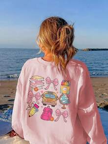 1 件女童休闲脸部印花圆领长袖 T 恤，秋季学生幼儿服装 - 这款引人注目的 T 恤带有可爱的脸部设计，一定会让孩子们露出笑容 - 粉色 - 查看 7