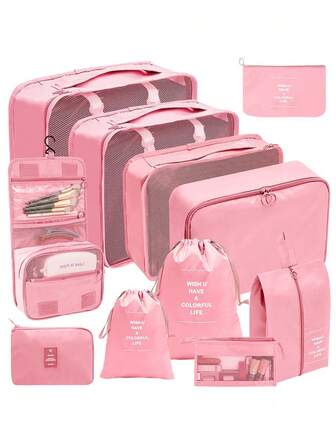 7/11pcs Travel Organizer Set With Inspirational Quotes - Pink Polyester Packing Cubes For Clothes, Underwear, Shoes & More - Efficient & Stylish Storage Solution For All Types Of Merchandise, Travel Packing Cubes|Motivational Packing|Organized Layout Closet Organization And Storage Clothes Organizer Bedroom