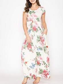 Tiered Tropical Short Sleeve Leaves Floral  Maxi Long Woven Dress - ngà voi - Xem 1