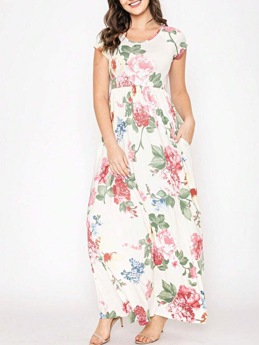 Tiered Tropical Short Sleeve Leaves Floral  Maxi Long Woven Dress - ngà voi - Xem 1
