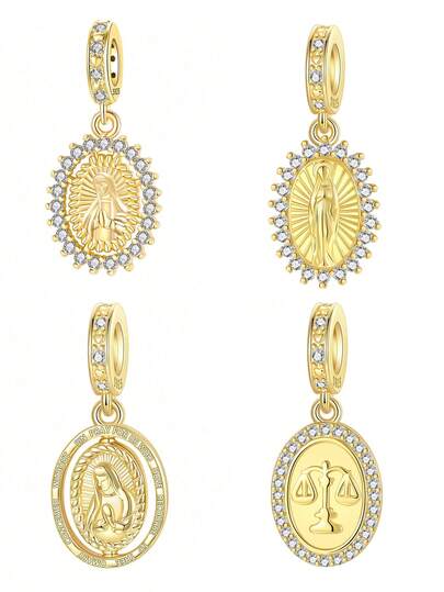 Religious Series Silver-Plated Pendant, Holy Virgin Round Zirconia Religious Series, Gold Pendant Ball, Suitable For DIY Bracelet, Daily Wear Women Jewelry