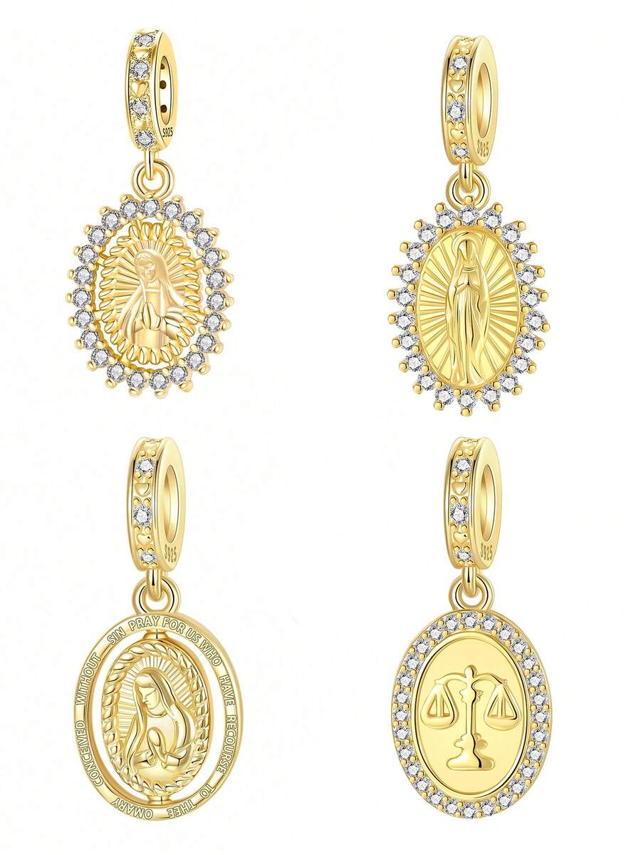 宗教系列镀银吊坠，圣母圆形锆石宗教系列，金色吊坠球，适合DIY手链，日常佩戴女士饰品 - 銀色 - 查看 1