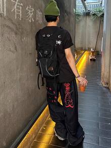 男士高街时尚印花阔腿牛仔裤 - 深色水洗藍 - 查看 5