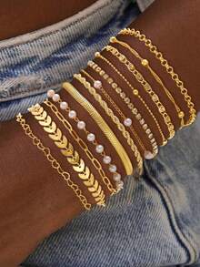 6/11/12pcs Set Faux Pearl, Snake Chain, Twisted Chain, Smooth Round Disc, Rhinestone Bling Bling Curvy Chain, Wide Chunky Metal Bracelet, Fashion Elegant Vintage Design, Suitable For Holiday, Party, Date, Gift, Daily Wear - Yellow Gold - View 8
