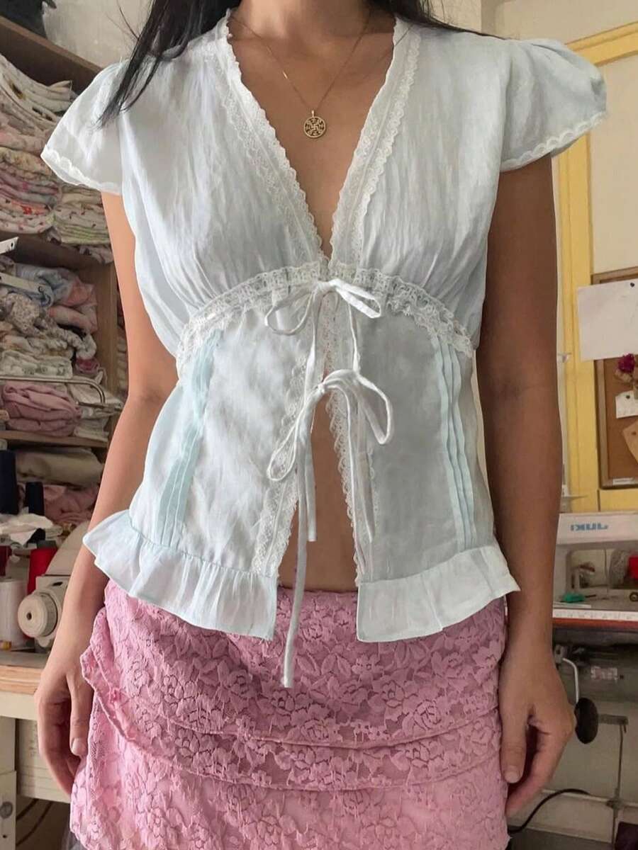 Women Short Sleeve Lace Trim Ruffle Hem Tops Tie Front Cap Sleeve Casual Shirts Cardigan Blouse - 白色 - 查看 1