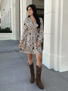 EMERY ROSE 冬季女装 1 件休闲优雅全印花褶皱灯笼袖收腰豹纹连衣裙，长袖连衣裙感恩节圣诞节服装，夏季连衣裙春装 - 杏色 - 查看 4