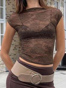 Women's Sheer Lace Tops Cap Sleeve Scoop Neck Solid Color T-Shirts Blouses - màu nâu - Xem 2