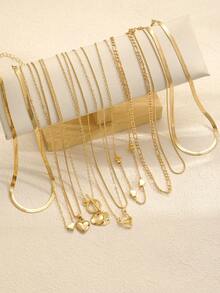 10 件时尚、简约、优雅、精致、复古设计的多层项链套装，包含蝴蝶结、心形、星形、几何图案、串珠、镂空、流苏、蛇形链、盒形链、简约吊坠项链，适合节日、派对、约会、礼物、日常佩戴 - 金黃色-10pcs - 查看 9