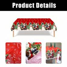137*220cm Christmas Theme Tablecloth, Vintage Style With Santa Claus Holding Gifts Sitting On Snowy Ground, Cute Snowman And Christmas Tree Elements Design, Plastic Tablecloth, Christmas & New Year Home Decor, Christmas Party & Family Gathering Table Decoration