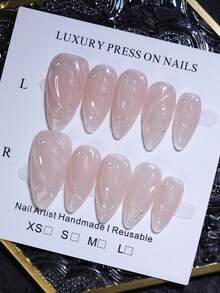 10片杏仁色100%纯手工制作裸杏色半透明美甲贴片，带有3D水波纹图案和美人鱼极光灯效果，简约法式风格设计，适合女性日常DIY美甲，可重复使用，快速粘贴，持久耐用，按压式美甲贴片，美甲用品，手工美甲贴片 - 杏色 - 查看 14