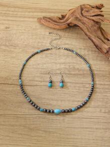 Retro Turquoise Necklace Vintage Western Country Earrings Set Female Ancient Silver Color Beaded Jewelry Set