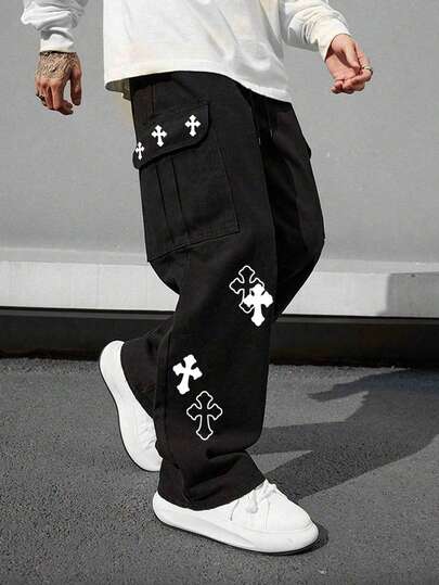 1pc Men's Multi-Pocket Cargo Pants, Loose Fit Cross Print, Suitable For Beach, Daily Commute, Sports, Outdoor, Relaxed Straight Leg, Fashion Streetwear, Boyfriend/Husband Gift, All Seasons, For Fall