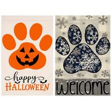 1 Set (2Pcs) Charming Snowflake Paw & Buffalo Plaid Welcome Garden Flag And Happy Paw Garden Flag - Orange Paw Print & Jack-O-Lantern Design, 12x18inch, Polyester, Double-Sided Waterproof, Perfect For Fall/Winter & Holiday Decor, Outdoor Yard & Lawn Decor, Multi-Purpose Home Decor Christmas Decorations Room Decor