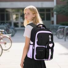 Girls' Backpacks, Grades 1-5, School Backpack For Girls With Cute Coin Pocket, Casual Backpack For Teens And Kids, Ideal For School And Travel, Purple/Black - 黑色 - 查看 2