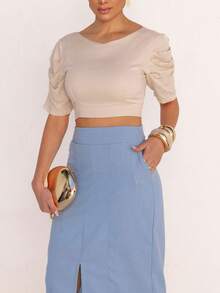 Linen Midi Skirt With Stylish Slit And Flexible Waist - 淺藍色 - 查看 4