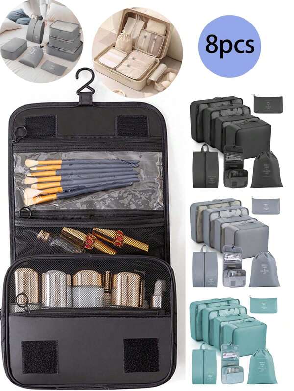 8 pièces, Voyage, Valise, Sac de voyage, Ensemble de rangement de voyage, Convient pour les vêtements, les chaussures et les articles de toilette - Fibre de polyester durable, lavable à la main, idéal pour les voyages d'affaires et les vacances, indispensable pour les vacances | Équipement de voyage | Tissu durable, Sac de rangement de voyage, Ensemble de sacs de rangement de beauté