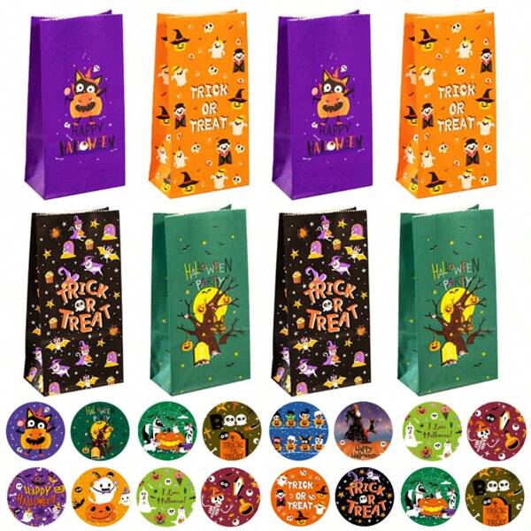 24/48 piezas Paquetes de regalo para fiesta de Halloween, bolsas de regalo de papel, pegatinas o bolsas de regalo de broma, para decorar fiestas de Halloween como suministros de empaquetado de regalos DIY, estilo de fantasma y calabaza