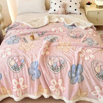 1 件粉色和米色花卉图案温暖厚实柔软舒适毛毯，适用于家居装饰、床、沙发、办公室、房间、宿舍，可机洗
