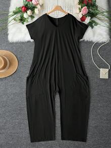1pc Women's Knit Fabric Jumpsuit With Pockets, Suitable For Holidays, Birthdays, Parties, Travel, Summer - Black - View 6