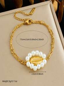 1 Fashionable And Versatile Daily White Bead Decoration Shell Flower Circle Pattern Accessory Cross Chain Stainless Steel Women's Bracelet