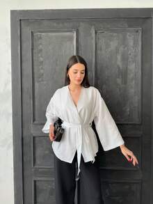 Linne Enfärgat Avslappnat Elegant Korsande Bälte med Knytband i Midjan - Vitt - Visa 2