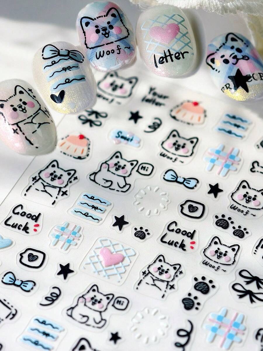 1pc 3D Cute Cartoon Cat Nail Art Sticker - Delicate & Thin, Sturdy Lines, Suitable For DIY Nails, Self-Adhesive Disposable Sticker, Adorable Cat Pattern, Perfect For Creating Playful Manicure, Nail Decoration