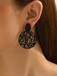 1 Pair Vintage Fashionable Versatile Hollow Round Metal Earrings, Suitable For Daily Wear - Black 993 - View 3