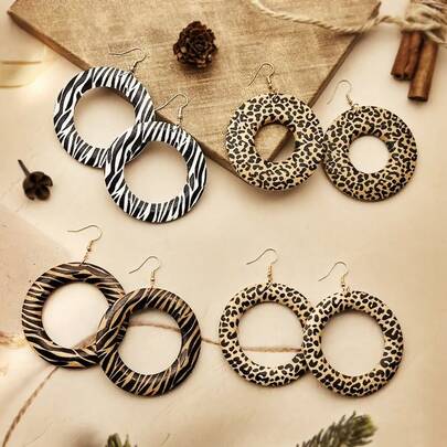 4 Pairs Leopard Print Hoop Earrings Set, Exaggerated Vintage Wild Style Earrings, Fashion Accessories