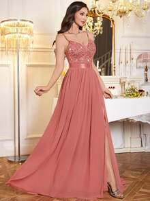 MIUSOL 亮片花卉蕾丝深 V 领开叉大腿褶皱下摆雪纺晚会长裙、吊带裙、舞会礼服