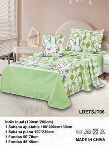 Sabanas Infantiles Individual 100x200cm | Estampado Colorido Infantil | 4 Piezas: Sabana Ajustable, Plana, Funda de Almohada + Cojín Decorativo | Suave y Caliente para Niños | Ideal para Cuna o Camita Infantil - 06 verde - Ver 6